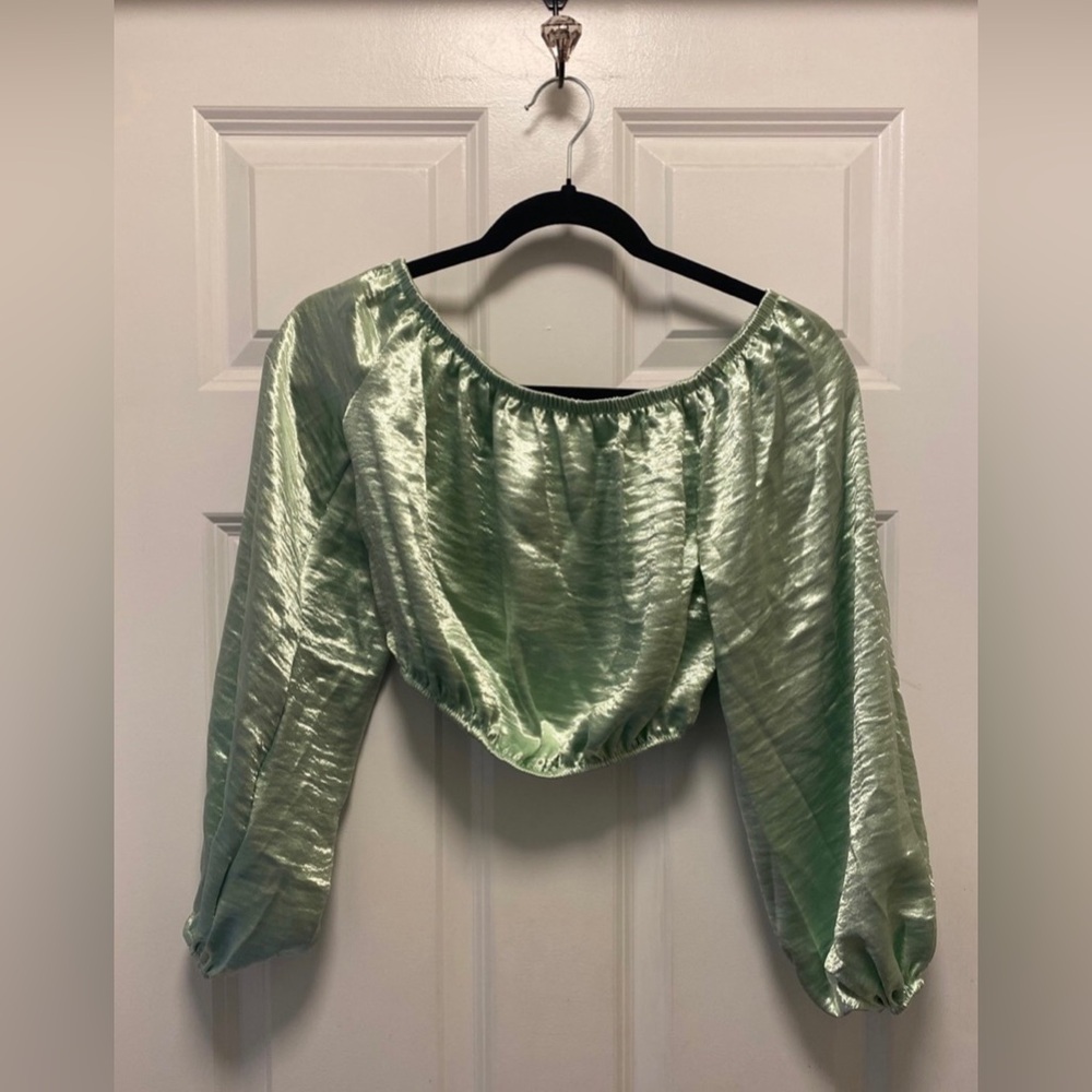 Women's Shimmery Green Long Sleeve Crop Top